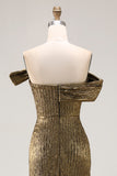 Gold Metallic Off The Shoulder Sheath Long Prom Dress With Slit