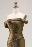 Gold Metallic Off The Shoulder Sheath Long Prom Dress With Slit