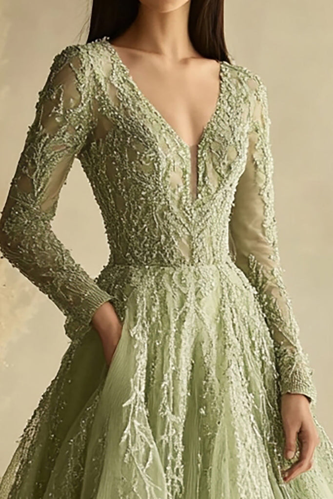 Tulle with Lace Appliqued Long Dresses Dusty Sage Plus Size