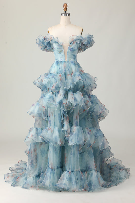 Floral Blue Off the Shoulder A Line Long Prom Dress with Ruffled