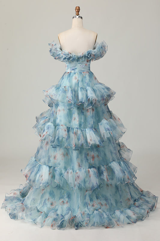 Floral Blue Off the Shoulder A Line Long Prom Dress with Ruffled