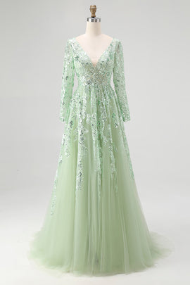 Dusty Sage Applique Tulle A Line V Neck Long Prom Dress with Sleeves
