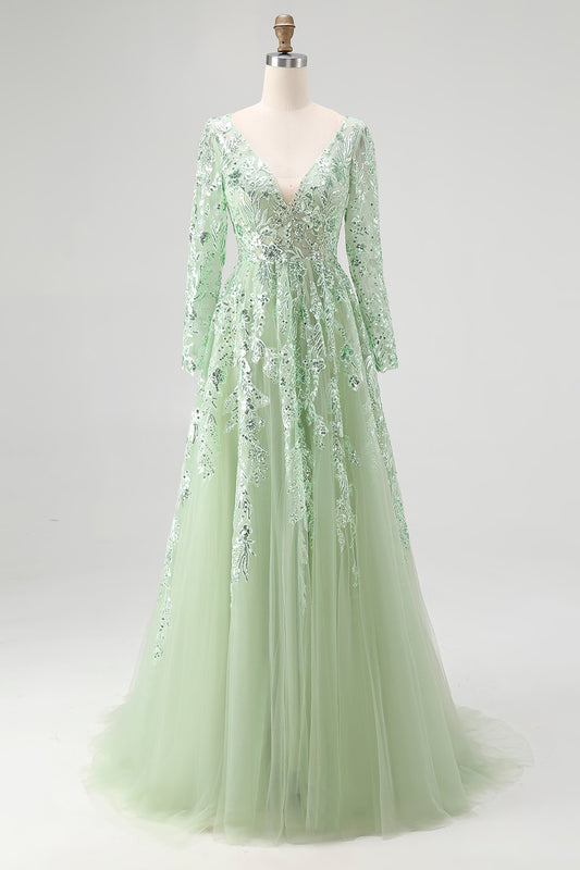 Dusty Sage Applique Tulle A Line V Neck Long Prom Dress with Sleeves