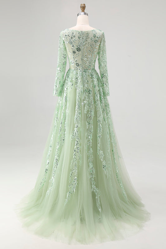 Dusty Sage Applique Tulle A Line V Neck Long Prom Dress with Sleeves