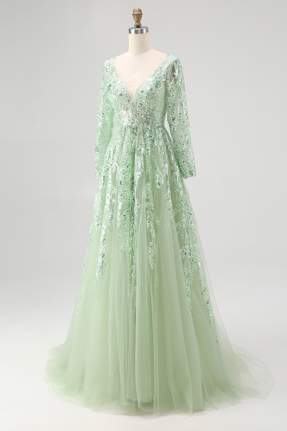 Dusty Sage Lace Applique Tulle V Neck Prom Dress with Long Sleeves