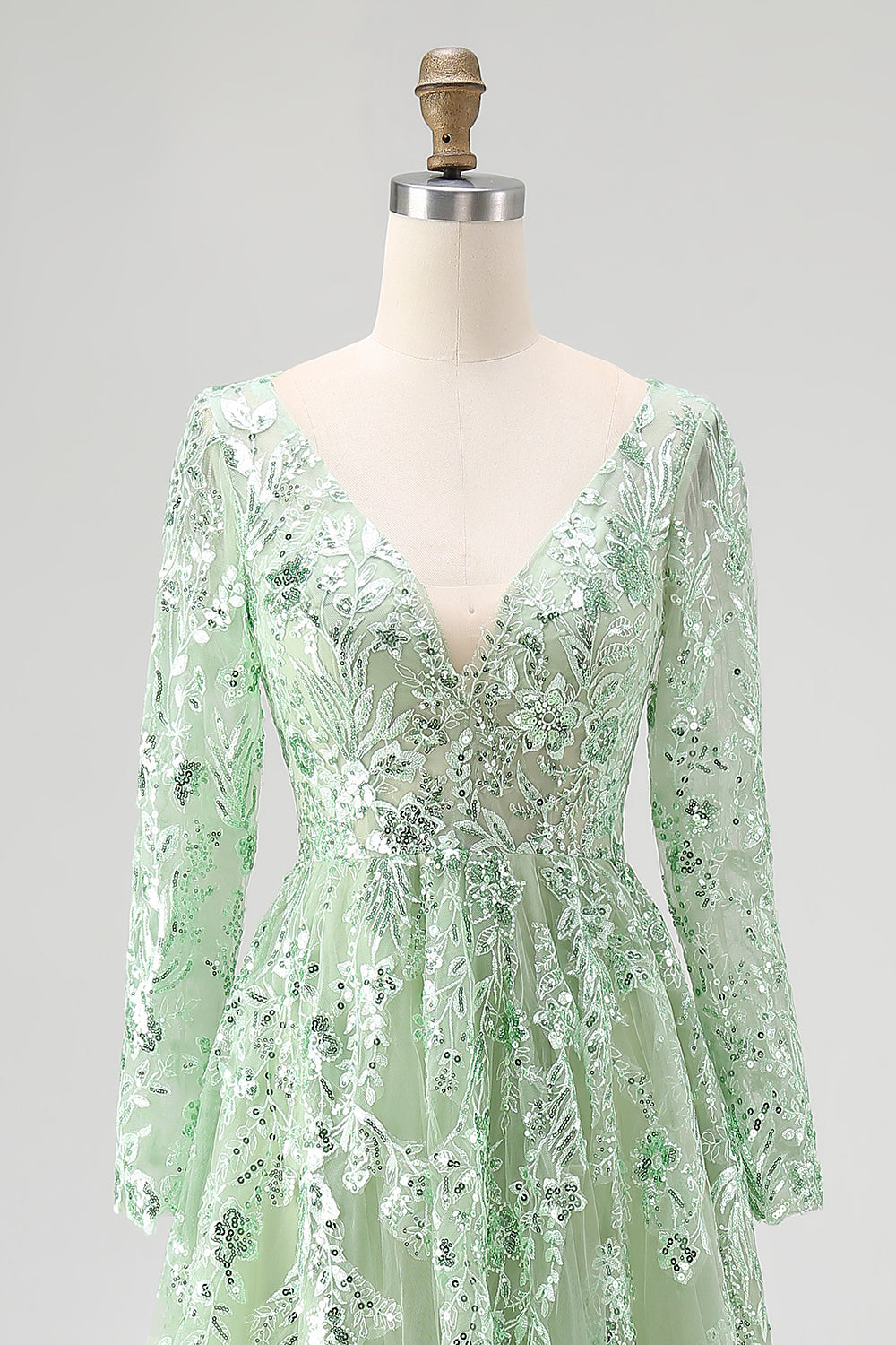 Dusty Sage Lace Applique Tulle V Neck Prom Dress with Long Sleeves
