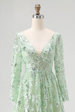 Dusty Sage Lace Applique Tulle V Neck Prom Dress with Long Sleeves