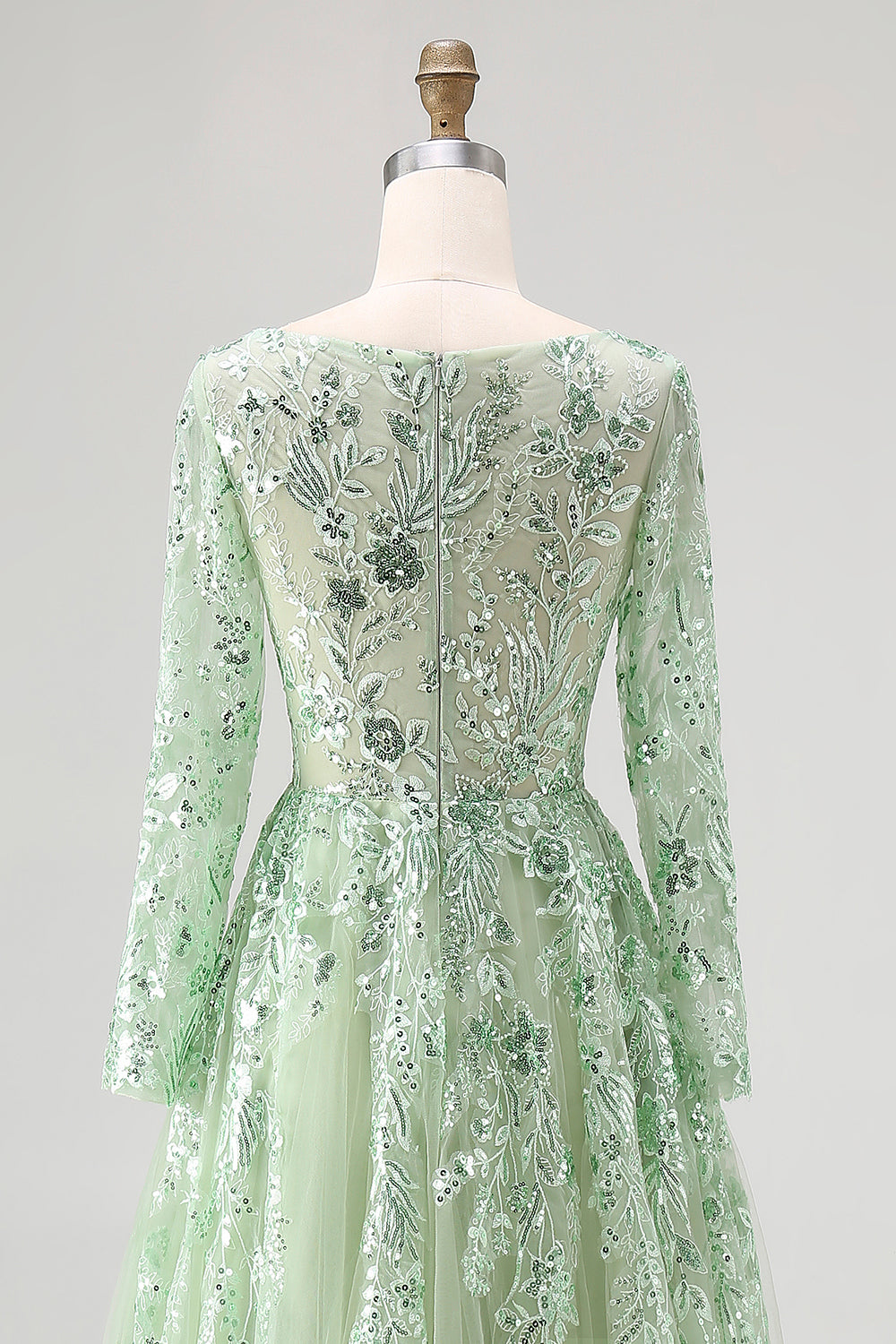 Dusty Sage Lace Applique Tulle V Neck Prom Dress with Long Sleeves