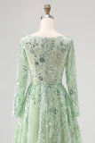 Dusty Sage Lace Applique Tulle V Neck Prom Dress with Long Sleeves