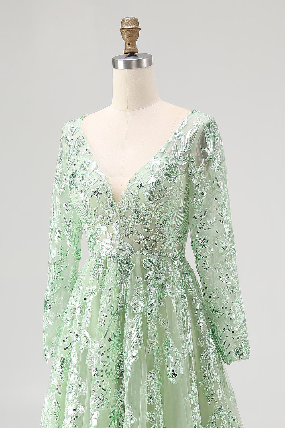 Dusty Sage Lace Applique Tulle V Neck Prom Dress with Long Sleeves