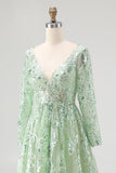 Dusty Sage Lace Applique Tulle V Neck Prom Dress with Long Sleeves