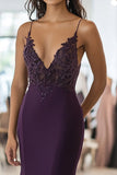Lace Satin Dark Purple Sheath Deep V-Neck Prom Dress