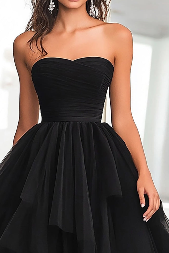 Zapakasa Women Strapless Prom Dress Black Tulle Tiered A Line Ruched