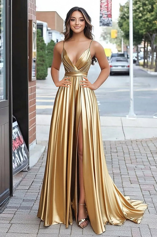 Metallic Satin Gold Prom Dress with Slit A Line Pleated V Neck Long Formal Dress