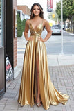 Metallic Satin Gold Prom Dress with Slit A Line Pleated V Neck Long Formal Dress