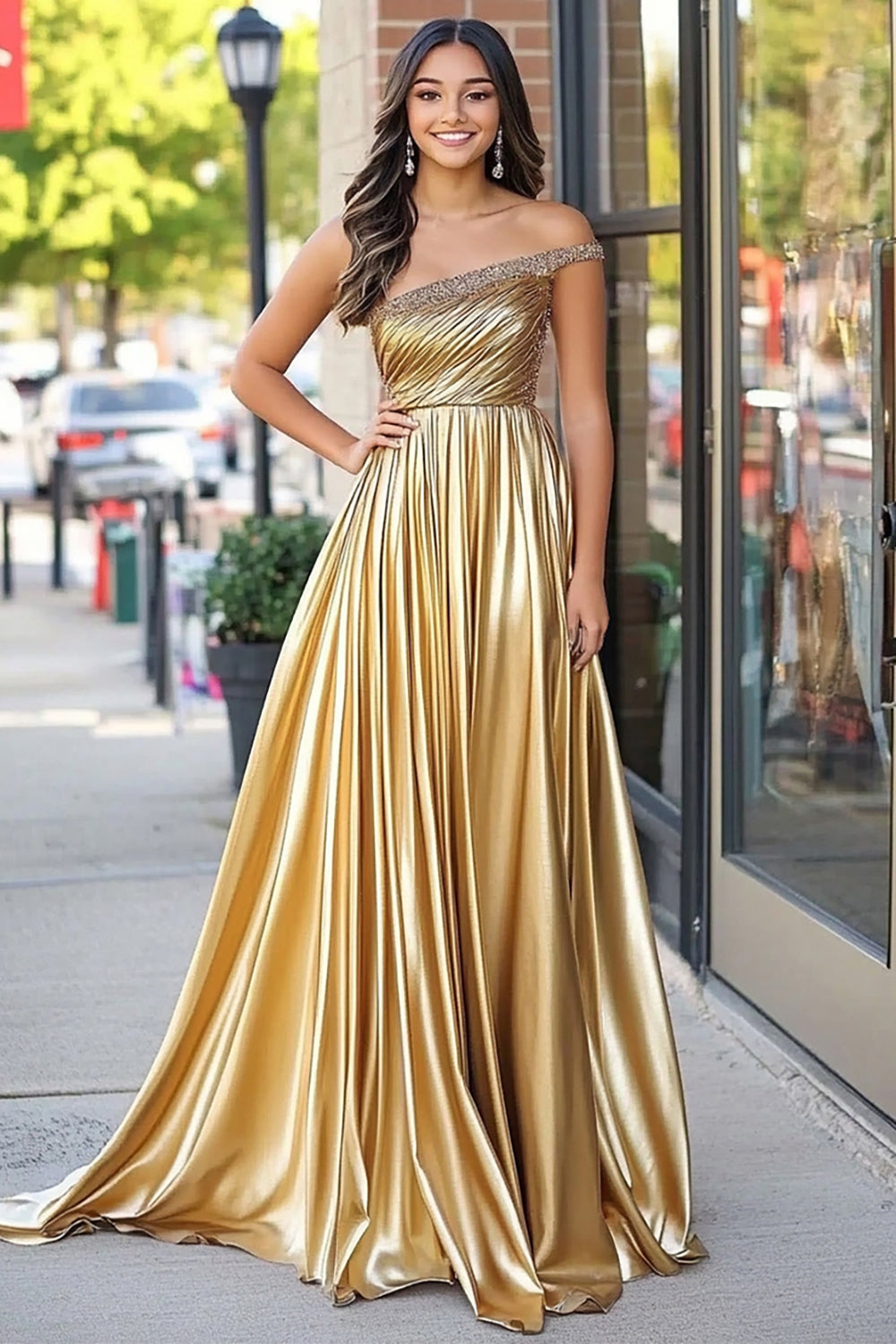 Sparkly Golden Metallic One Shoulder A Line Pleated Long Prom Dress