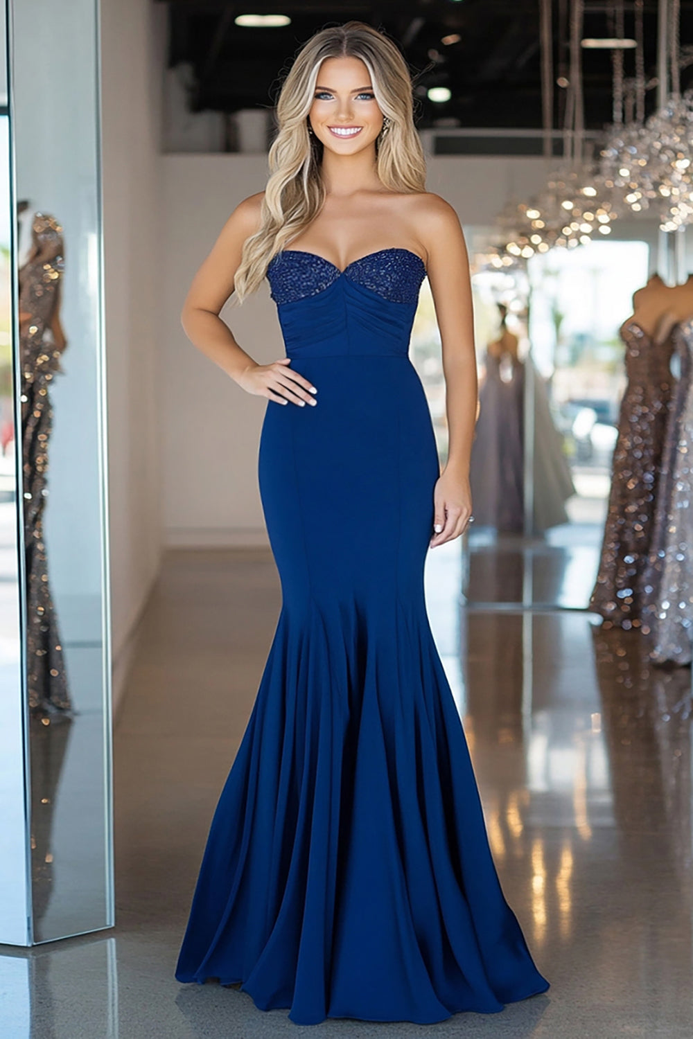 ZAPAKASA Women Navy Ruched Mermaid Prom Dress Satin Sweetheart Formal Dress