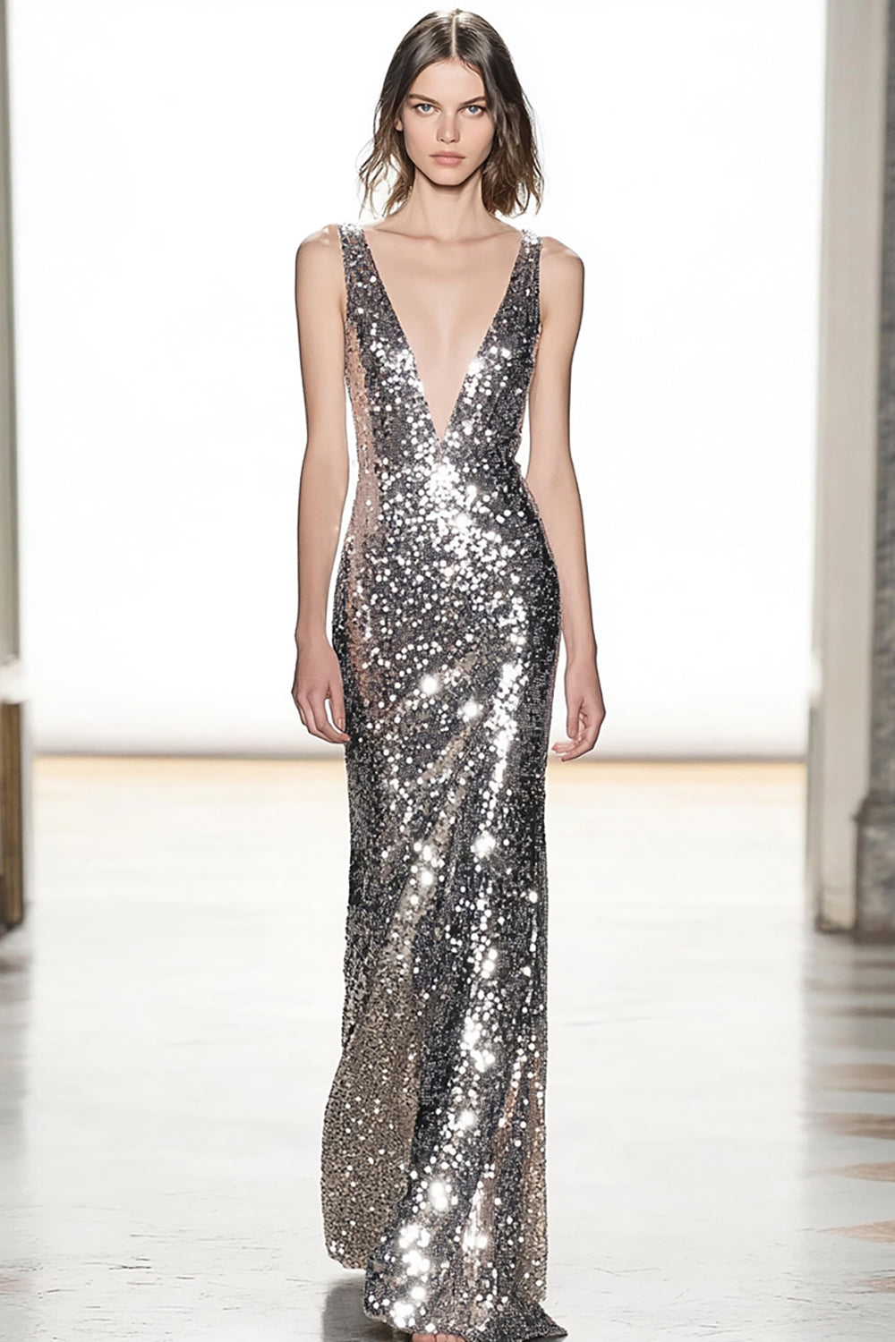 Sparkly Silver Deep-V Neck Sheath Sequin Long Prom Dress