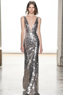 Sparkly Silver Deep-V Neck Sheath Sequin Long Prom Dress