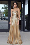 Gold Prom Dress Sweetheart Metallic A-Line Pleated Long Formal Dress