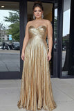 Plus Size Gold Metallic Sweetheart A-Line Pleated Long Prom Dress