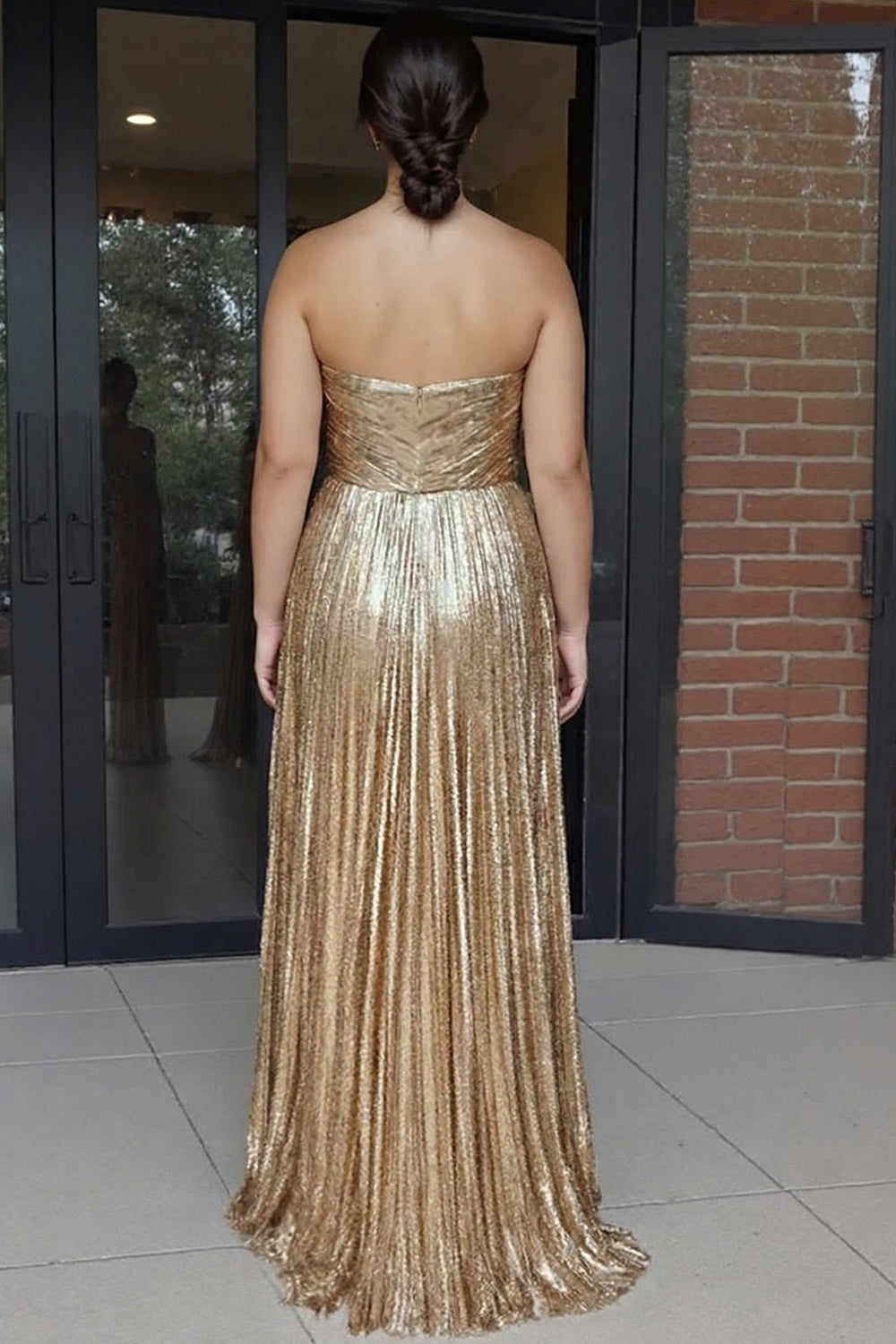 Plus Size Gold Metallic Sweetheart A-Line Pleated Long Prom Dress