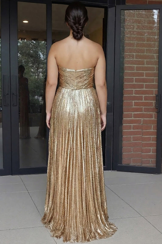 Plus Size Gold Metallic Sweetheart A-Line Pleated Long Prom Dress