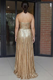 Plus Size Gold Metallic Sweetheart A-Line Pleated Long Prom Dress