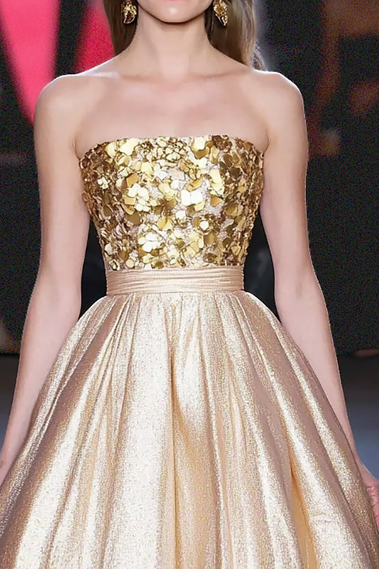 Sparkly Gold A Line Sequins Metallic Satin Gala Dress
