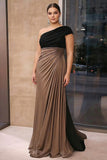 Plus Size Brown Sheath Crepe Ruched One Shoulder Long Gala Dress