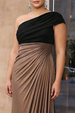 Plus Size Brown Sheath Crepe Ruched One Shoulder Long Gala Dress