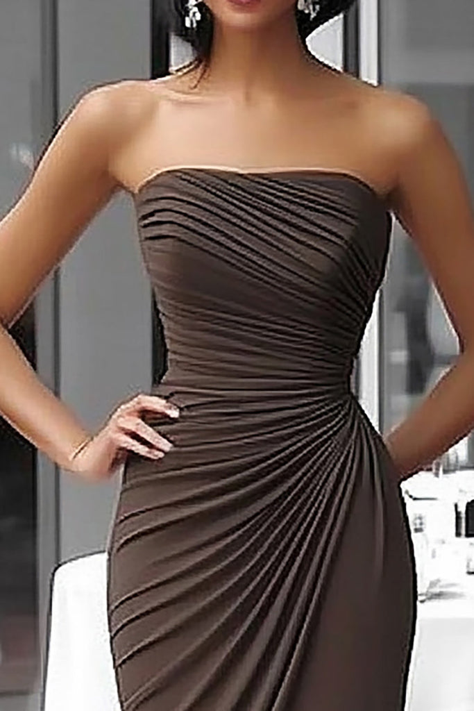 Zapakasa Women Coffee Jersey Gala Dress Sheath Strapless Ruched Long ...