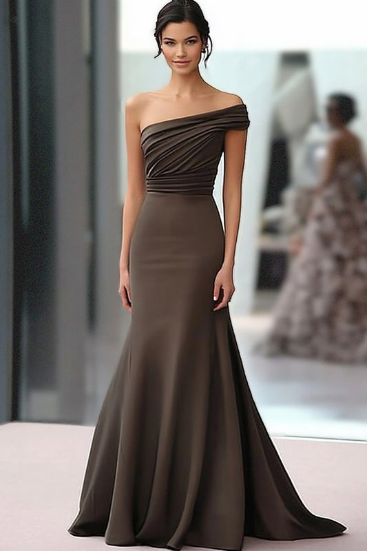 One Shoulder Gala Dress Coffee Crepe Mermaid Ruched Long Formal Dress