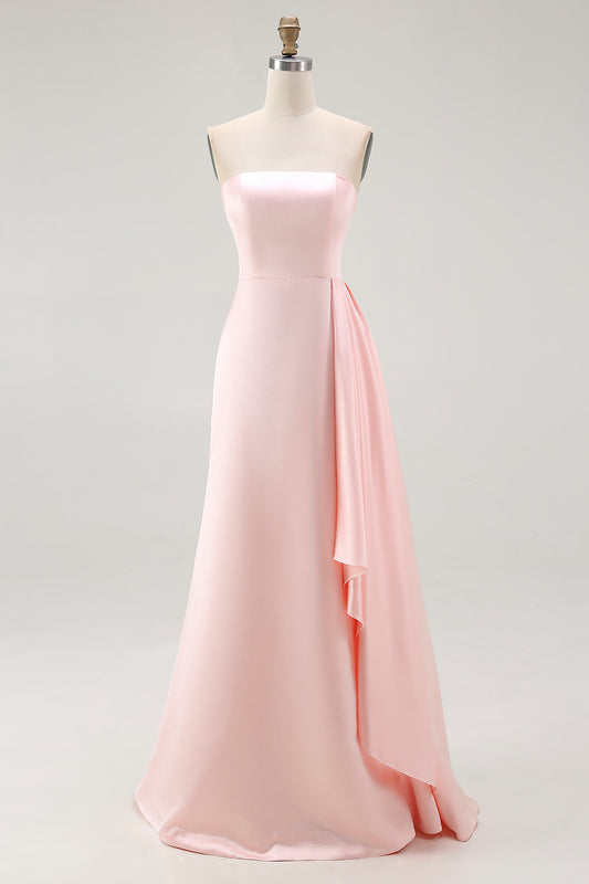 Pink Satin Strapless Mermaid Long Formal Dress with Side Cape