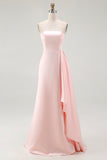 Pink Satin Strapless Mermaid Long Formal Dress with Side Cape