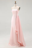 Pink Satin Strapless Mermaid Long Formal Dress with Side Cape