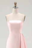 Pink Satin Strapless Mermaid Long Formal Dress with Side Cape