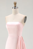 Pink Satin Strapless Mermaid Long Formal Dress with Side Cape