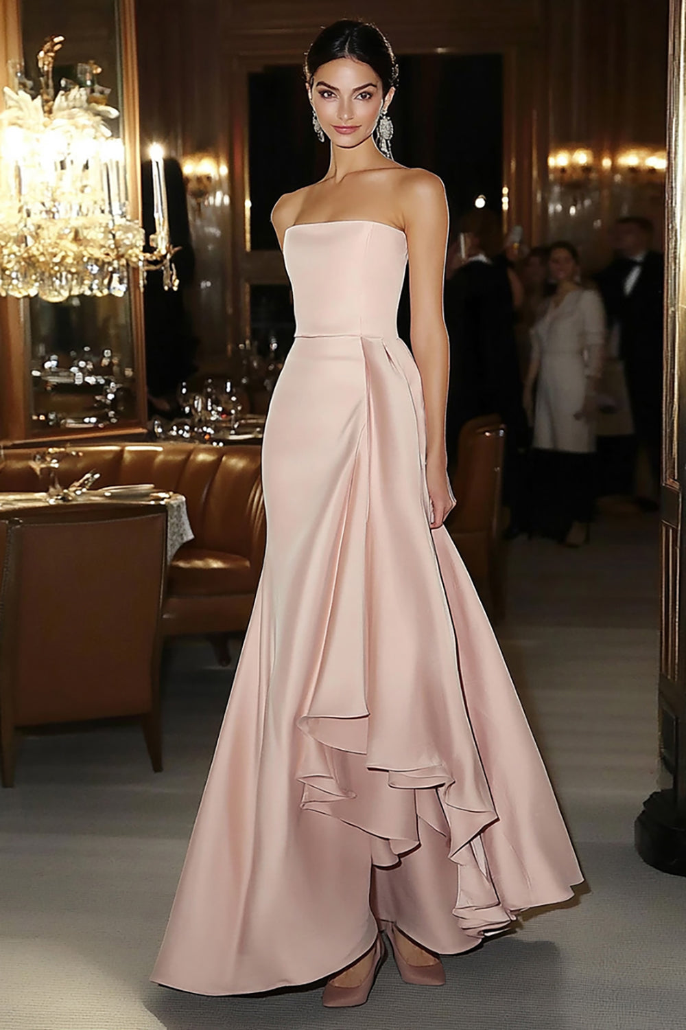 Pink Satin Strapless Mermaid Long Formal Dress with Side Cape
