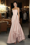 Pink Satin Strapless Mermaid Long Formal Dress with Side Cape
