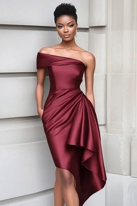 Zapakasa Women Ruffled Burgundy Gala Dress One Shoulder Tight Ruched Satin Knee Length Red Carpet Dress with Side Zipper Zapakasa Women Ruffled Burgundy Gala Dress One Shoulder Tight Ruched Satin Knee Length Red Carpet Dress with Side Zipper