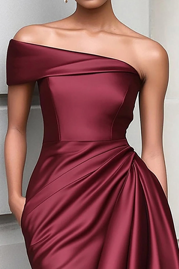 Zapakasa Women Ruffled Burgundy Gala Dress One Shoulder Tight Ruched