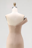 Light Khaki Jersey One Shoulder Sheath Long Pleated Gala Dress