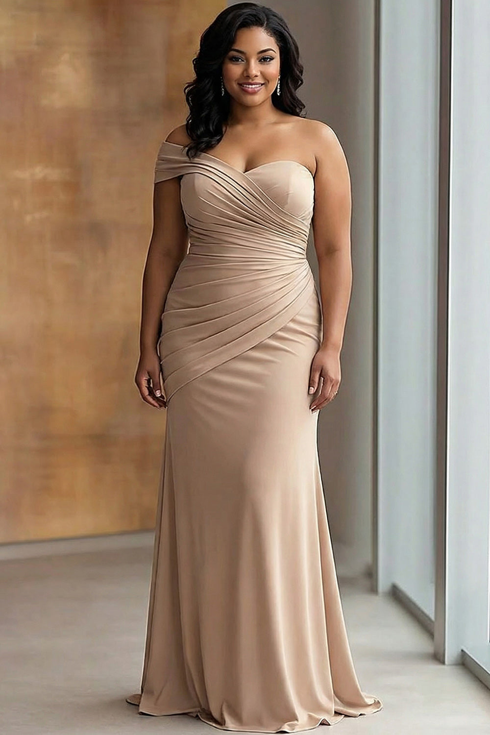 Light Khaki Jersey One Shoulder Sheath Long Pleated Gala Dress