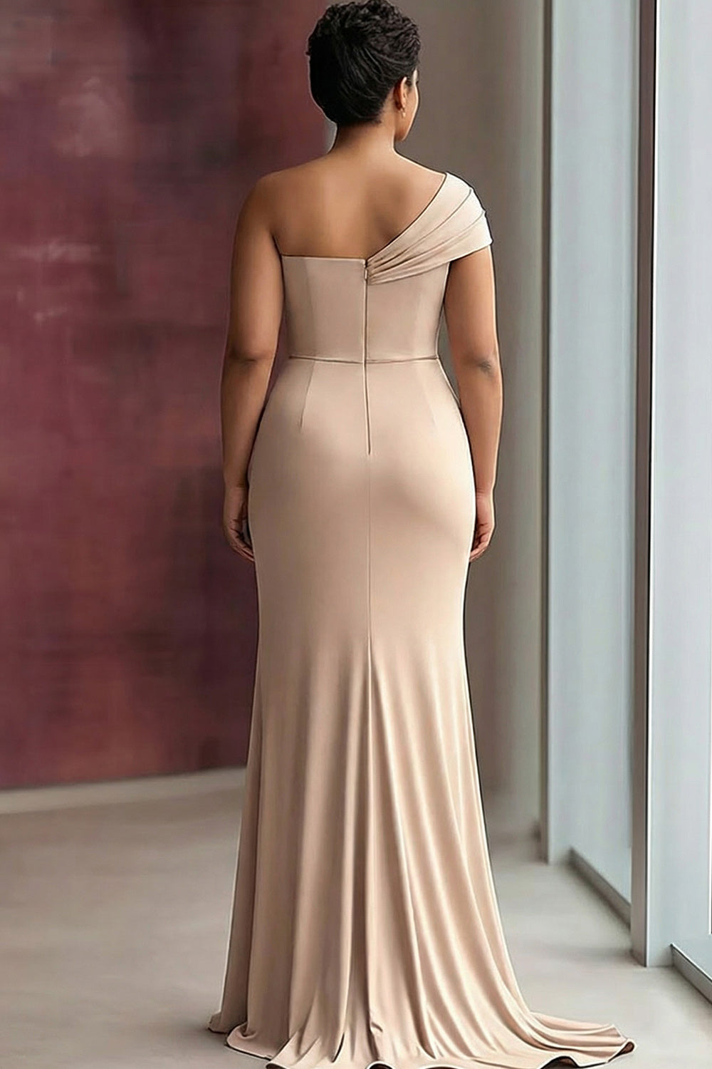 Plus Size Light Khaki Jersey Sheath One Shoulder Pleated Long Gala Dress