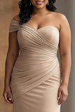 Plus Size Light Khaki Jersey Sheath One Shoulder Pleated Long Gala Dress
