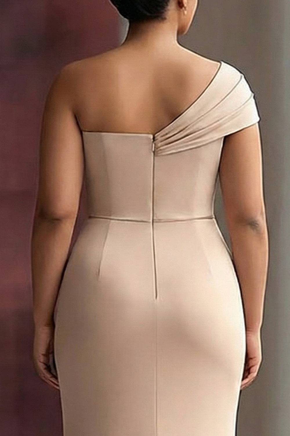 Plus Size Light Khaki Jersey Sheath One Shoulder Pleated Long Gala Dress