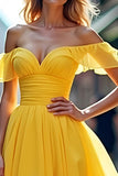 Off the Shoulder Long Yellow A Line Tulle Prom Dress