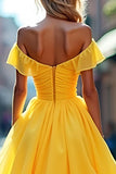 Off the Shoulder Long Yellow A Line Tulle Prom Dress