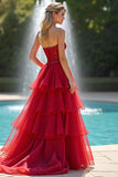 A Line Tiered Sparkly Sweetheart Red Long Prom Dress with Beading